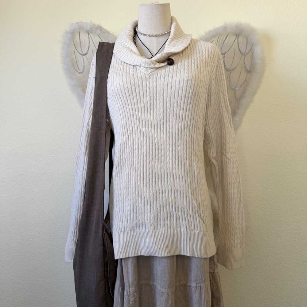 Preppy Academia Cream Cable‎ Knit Cowl Neck Sweater Girly Soft Girl Cute Grandpa